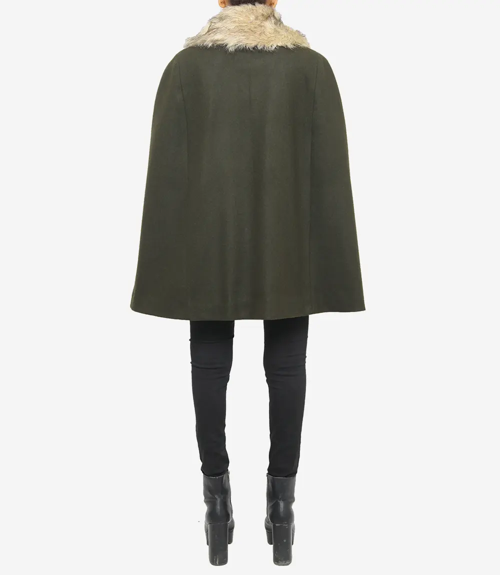 Florence Women's Shearling Wool Green Cape Coat 