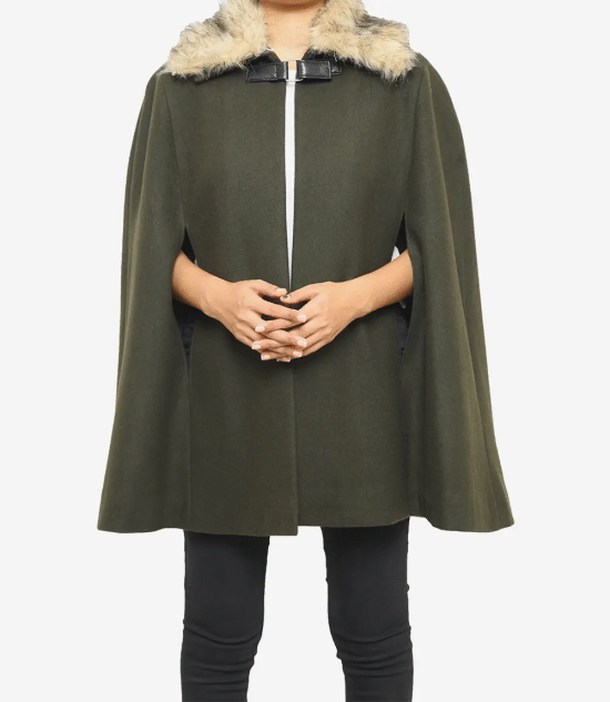 Florence Women's Shearling Wool Green Cape Coat 