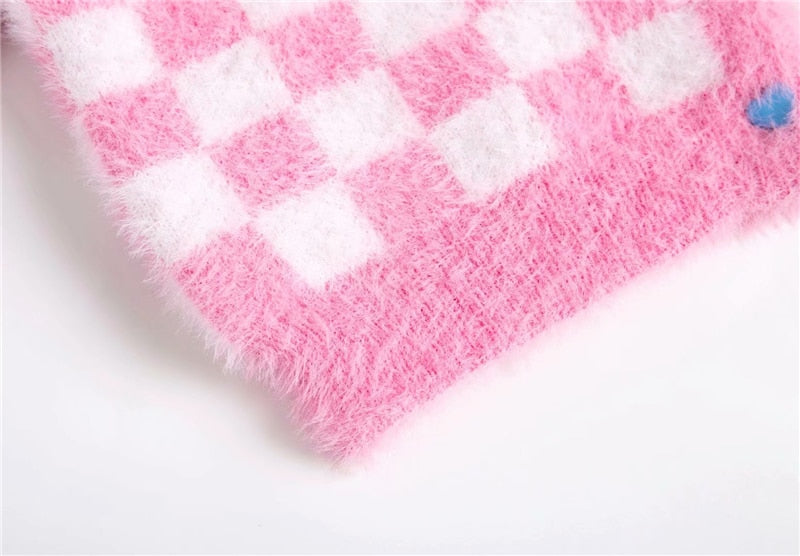 Fuzzy Pink Checkered Cropped Cardigan