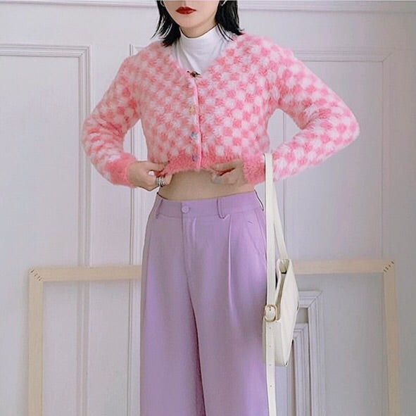 Fuzzy Pink Checkered Cropped Cardigan