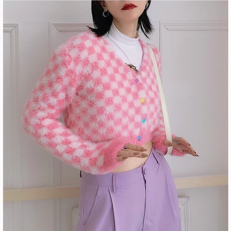 Fuzzy Pink Checkered Cropped Cardigan