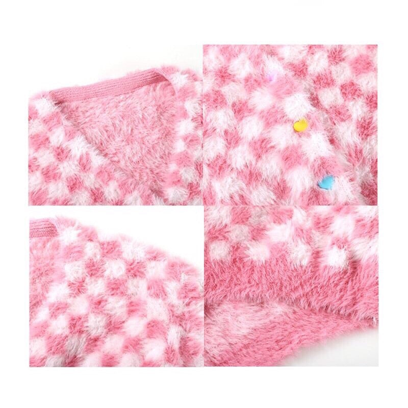 Fuzzy Pink Checkered Cropped Cardigan