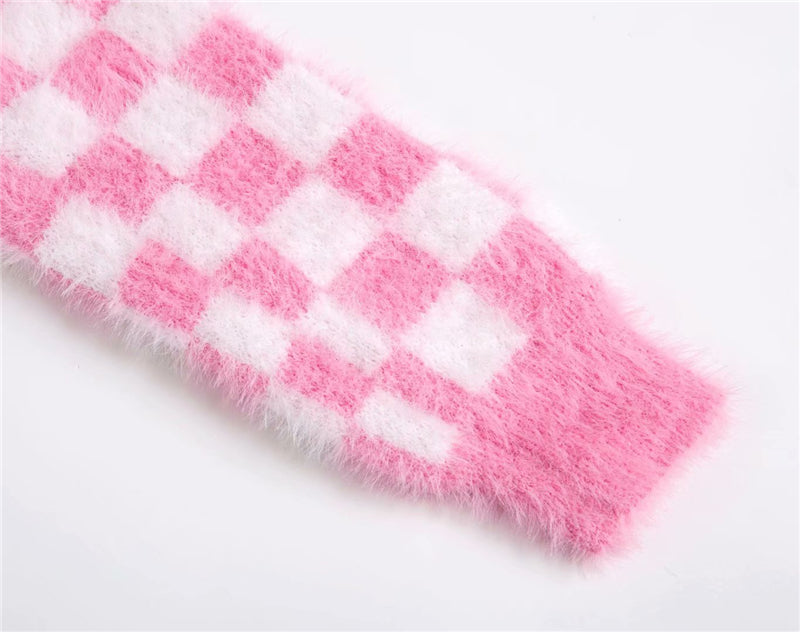 Fuzzy Pink Checkered Cropped Cardigan