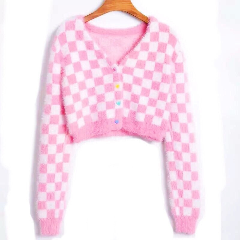 Fuzzy Pink Checkered Cropped Cardigan