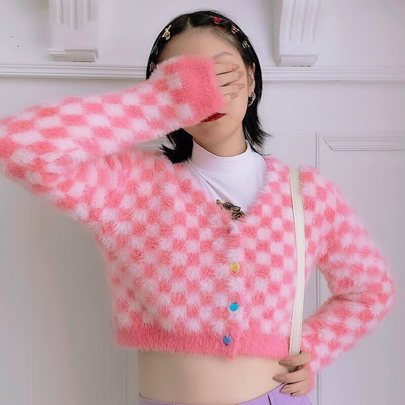 Fuzzy Pink Checkered Cropped Cardigan