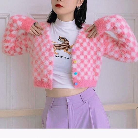 Fuzzy Pink Checkered Cropped Cardigan