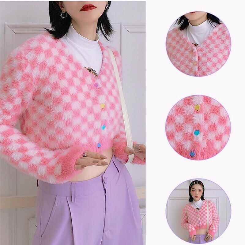 Fuzzy Pink Checkered Cropped Cardigan