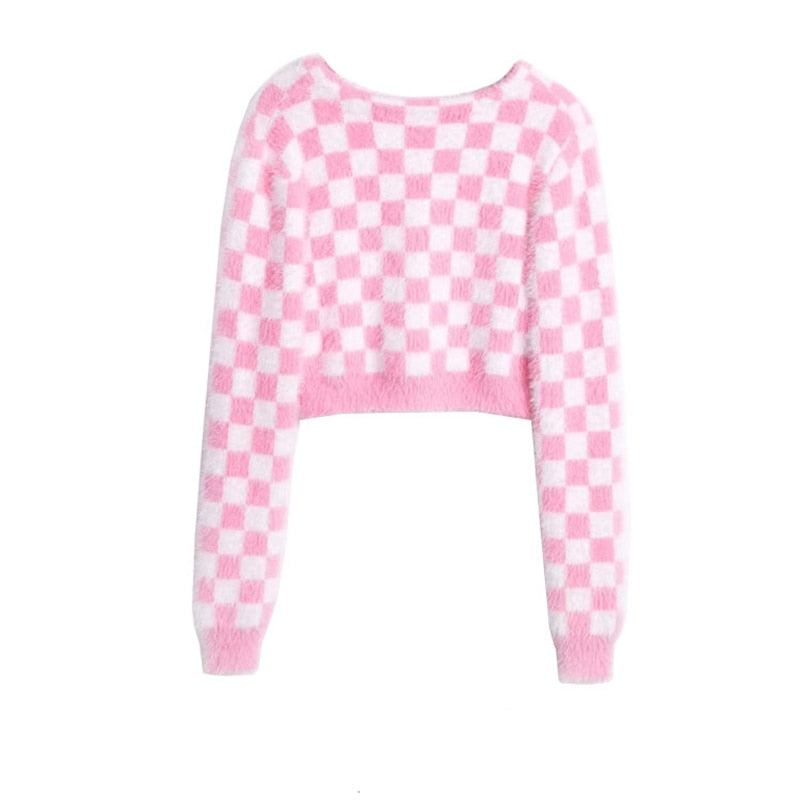 Fuzzy Pink Checkered Cropped Cardigan