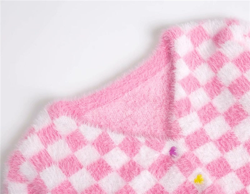 Fuzzy Pink Checkered Cropped Cardigan