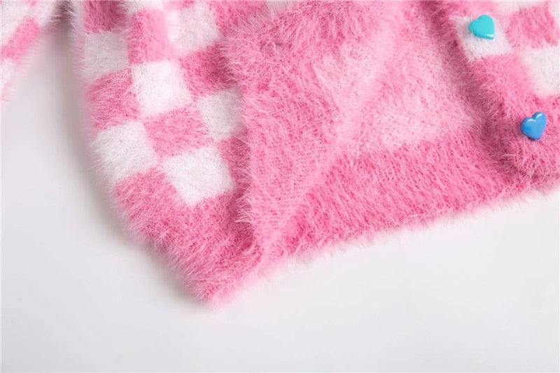 Fuzzy Pink Checkered Cropped Cardigan