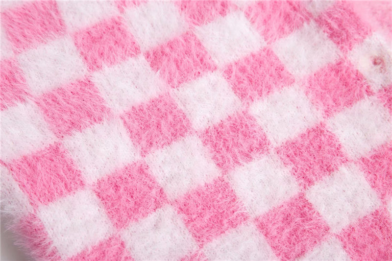 Fuzzy Pink Checkered Cropped Cardigan