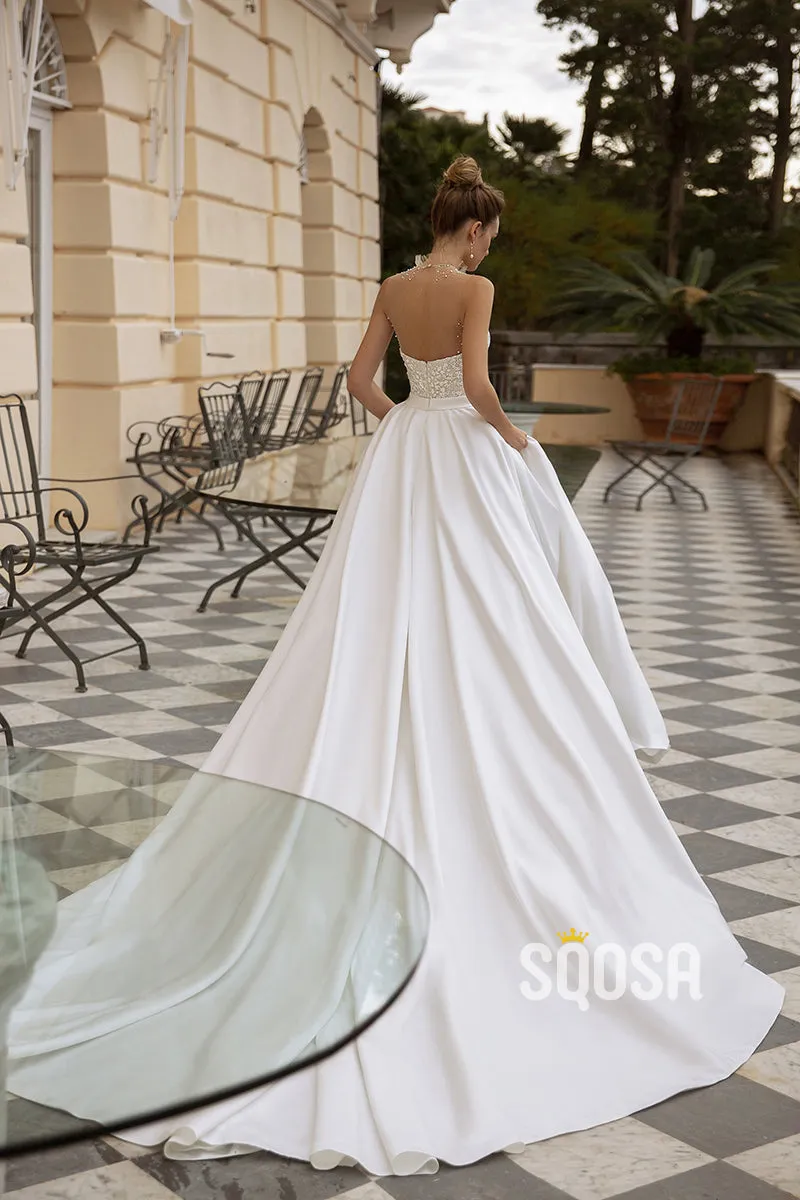 Illusion neckline Pearls Strapless Satin Wedding Dress Bridal Gowns With Train QW8073