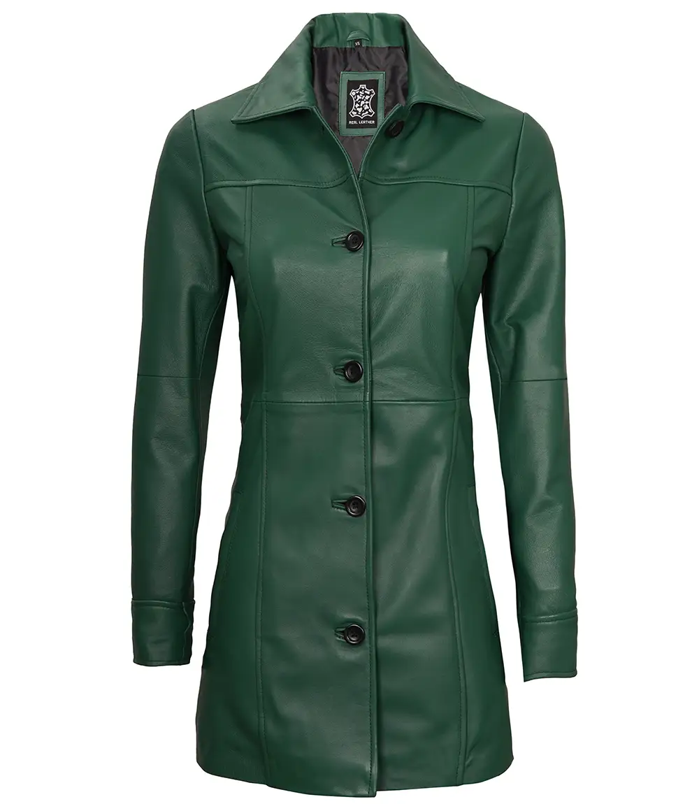 Kandis Women's Green Real Leather Car Coat