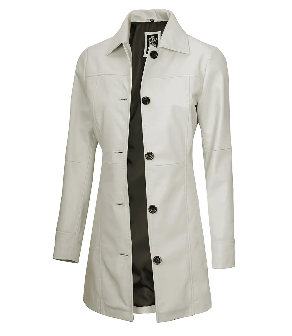 Kandis Women's Off White Real Leather Car Coat