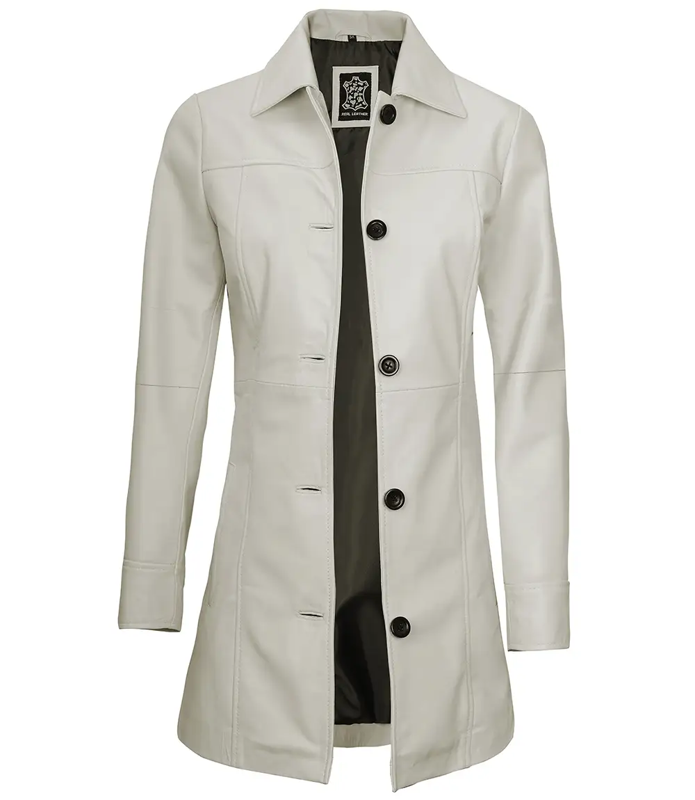 Kandis Women's Off White Real Leather Car Coat