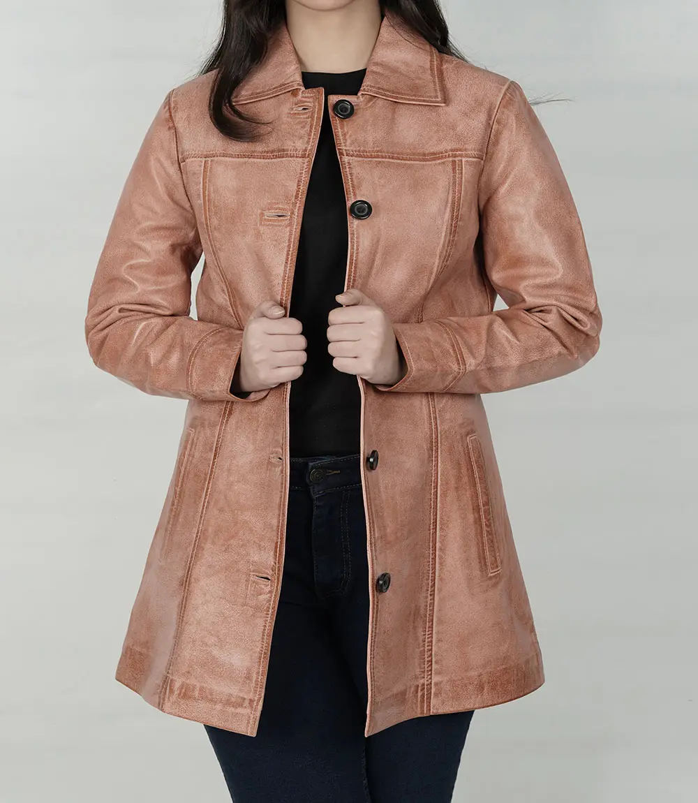 Kandis Women's Pink Cognac Wax Leather Car Coat