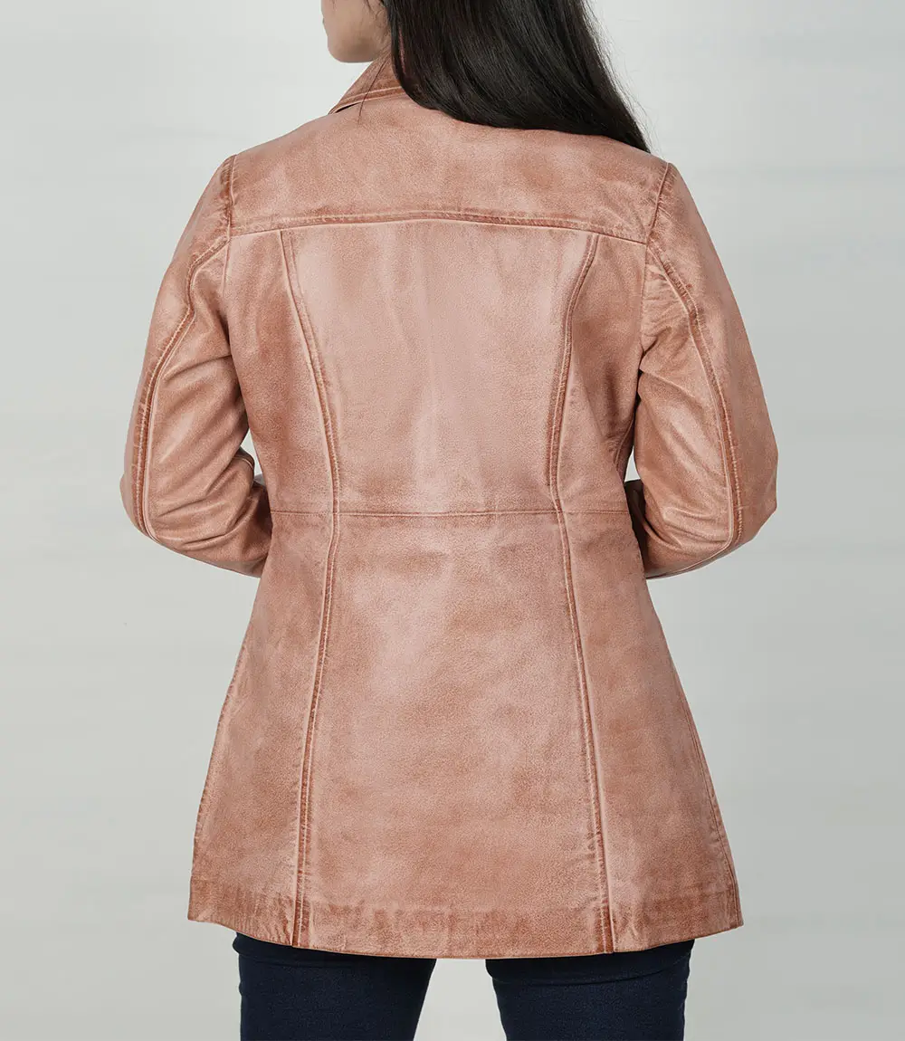 Kandis Women's Pink Cognac Wax Leather Car Coat