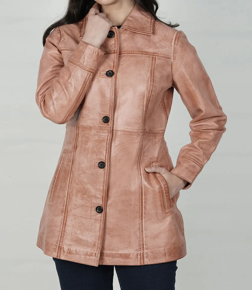 Kandis Women's Pink Cognac Wax Leather Car Coat