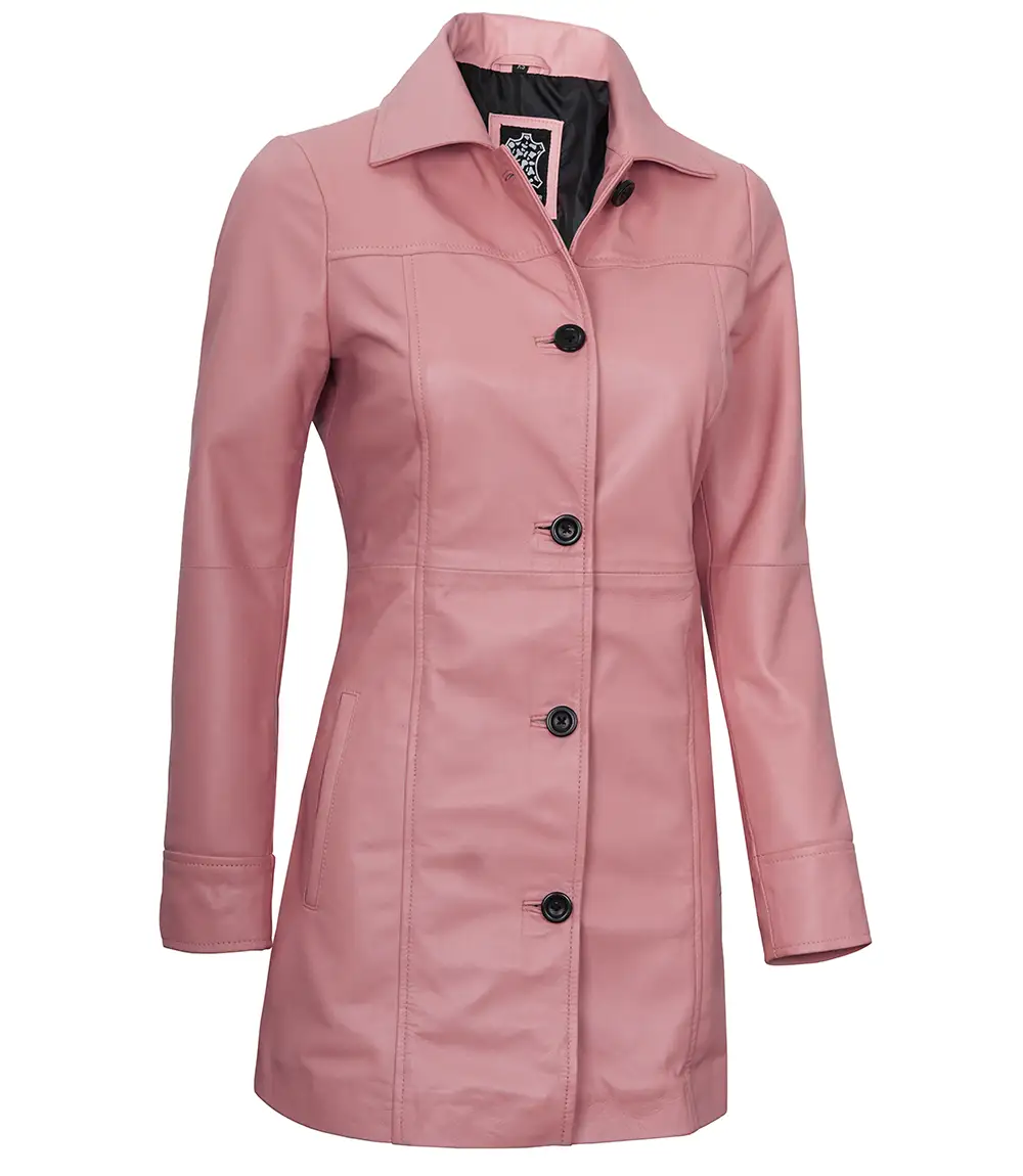 Kandis Women's Pink Real Leather Car Coat