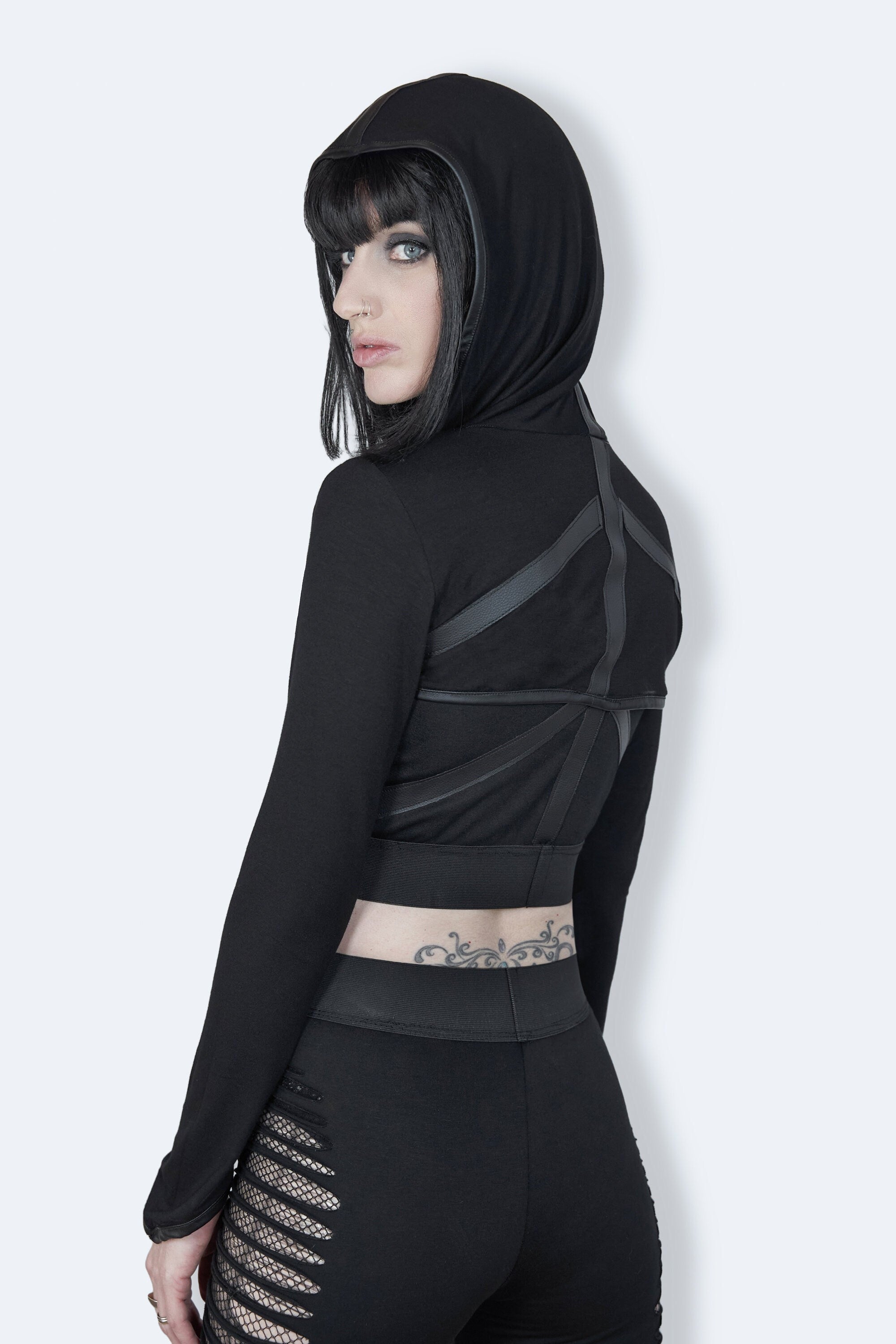 Leather harness cropped hoodie long sleeve shrug