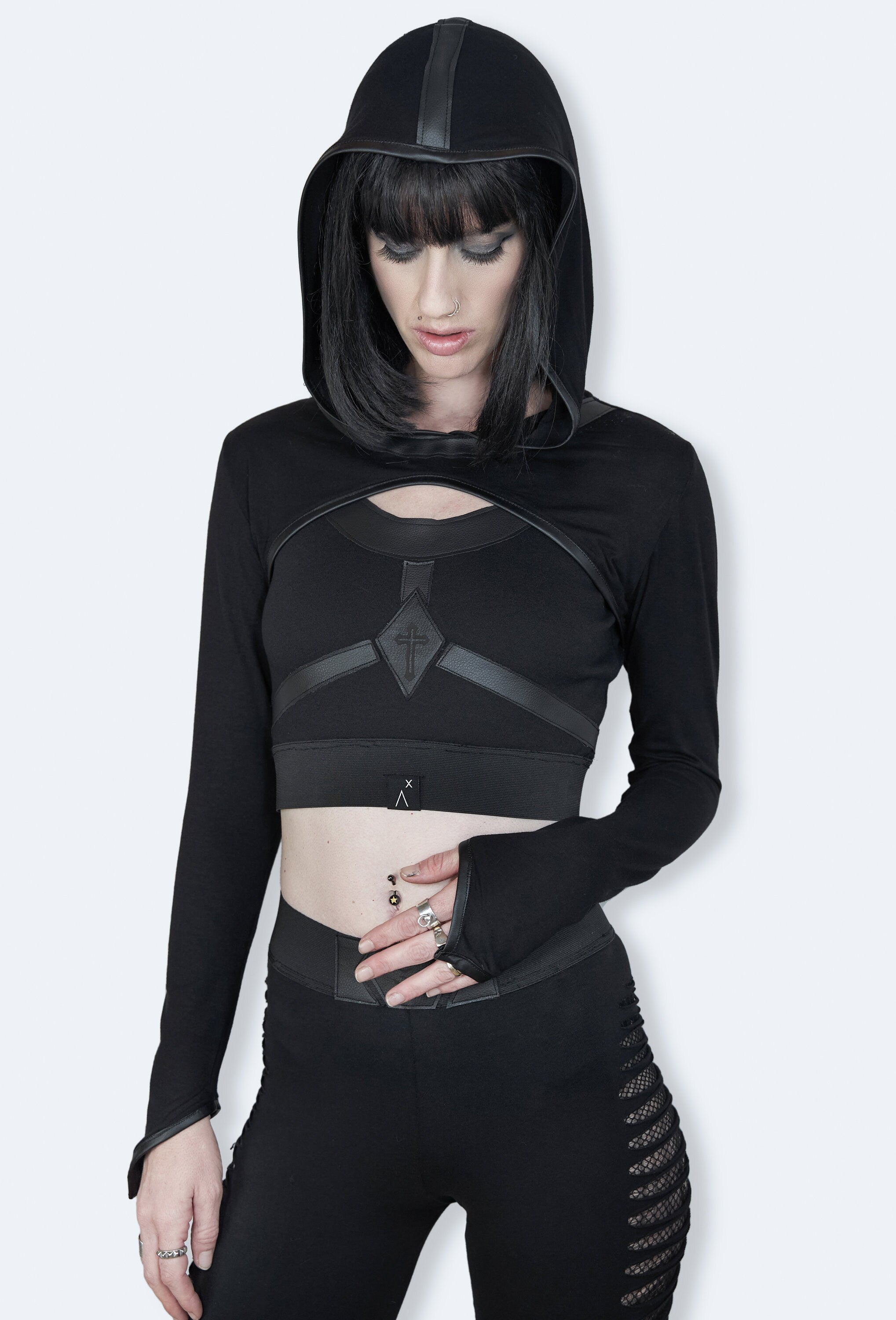 Leather harness cropped hoodie long sleeve shrug