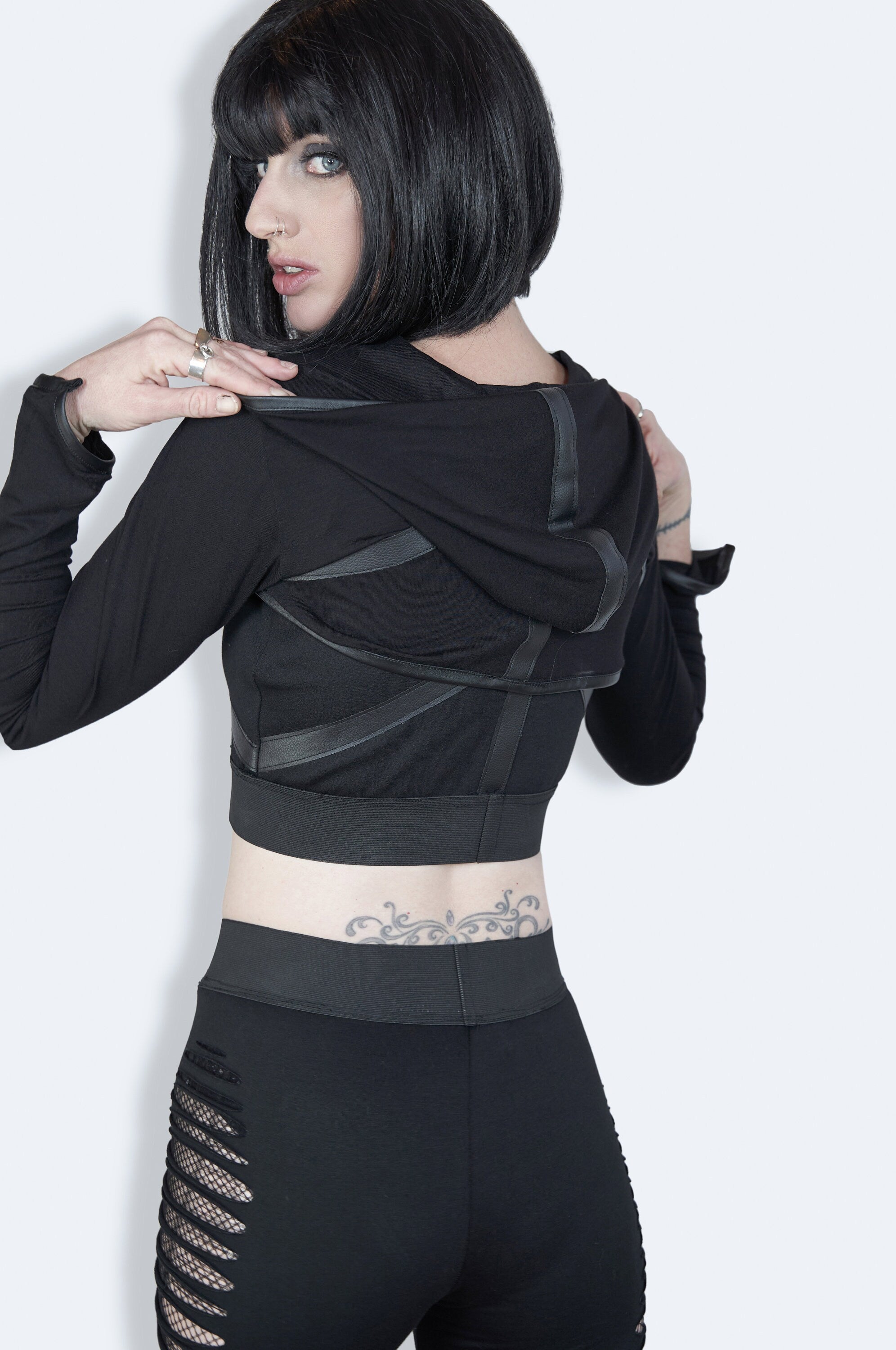 Leather harness cropped hoodie long sleeve shrug