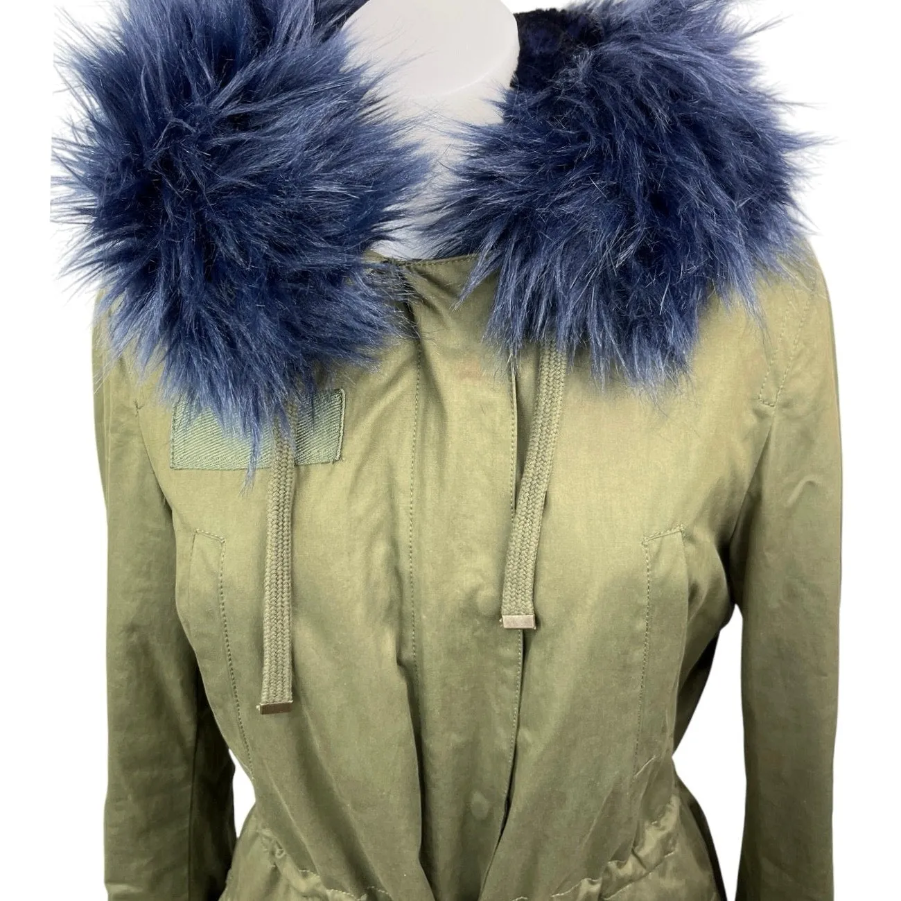 LOFT Olive Green Faux Fur Collar Tie Waist Hooded Hoodie Parka Coat jacket Sz S