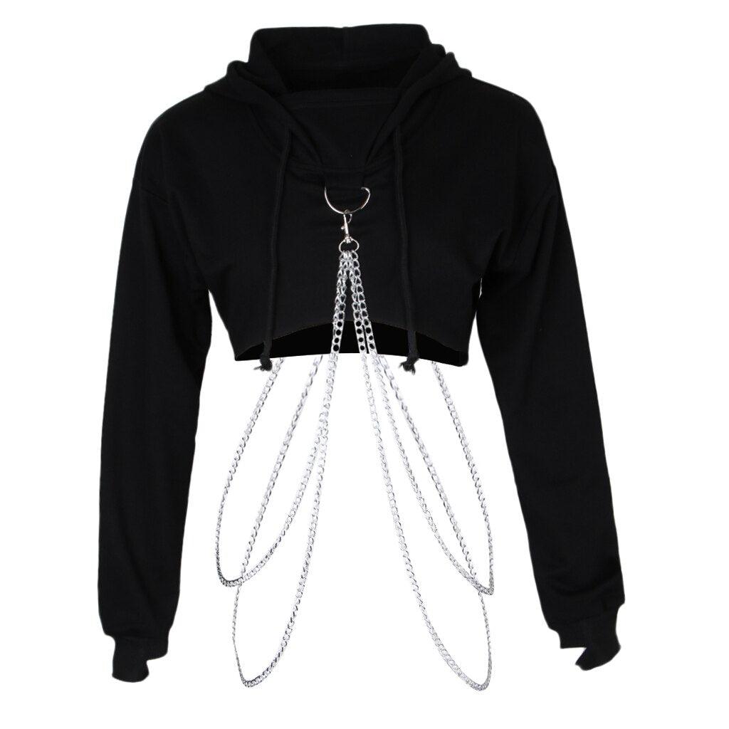 Long Sleeve Pullover Hoodie Crop Top With Metal Chain