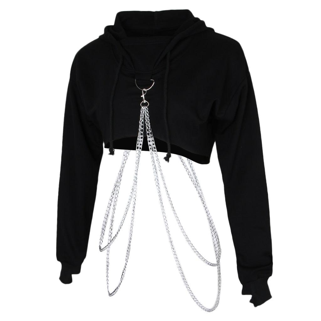 Long Sleeve Pullover Hoodie Crop Top With Metal Chain