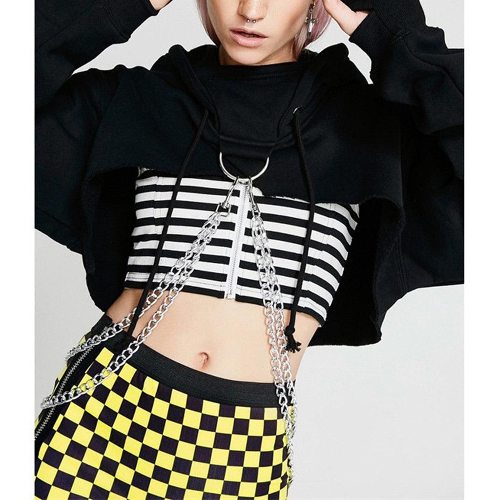 Long Sleeve Pullover Hoodie Crop Top With Metal Chain