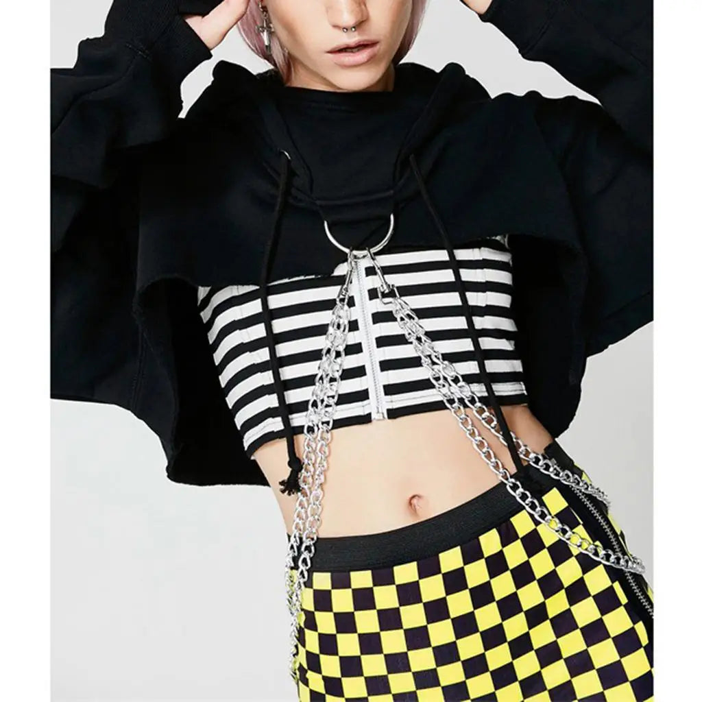 Long Sleeve Pullover Hoodie Crop Top With Metal Chain