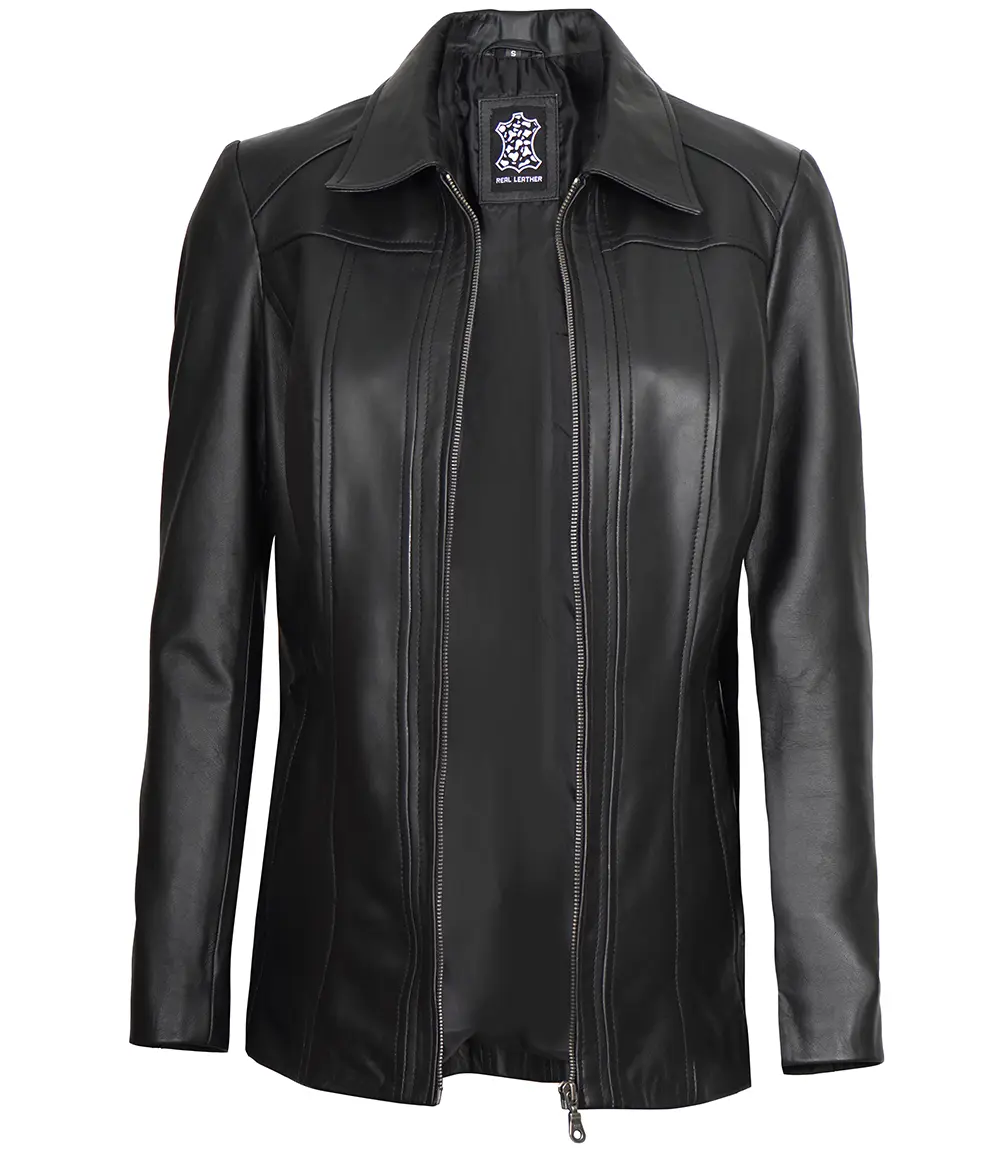 Marsha Women's Leather Black 3/4 Length Car Coat