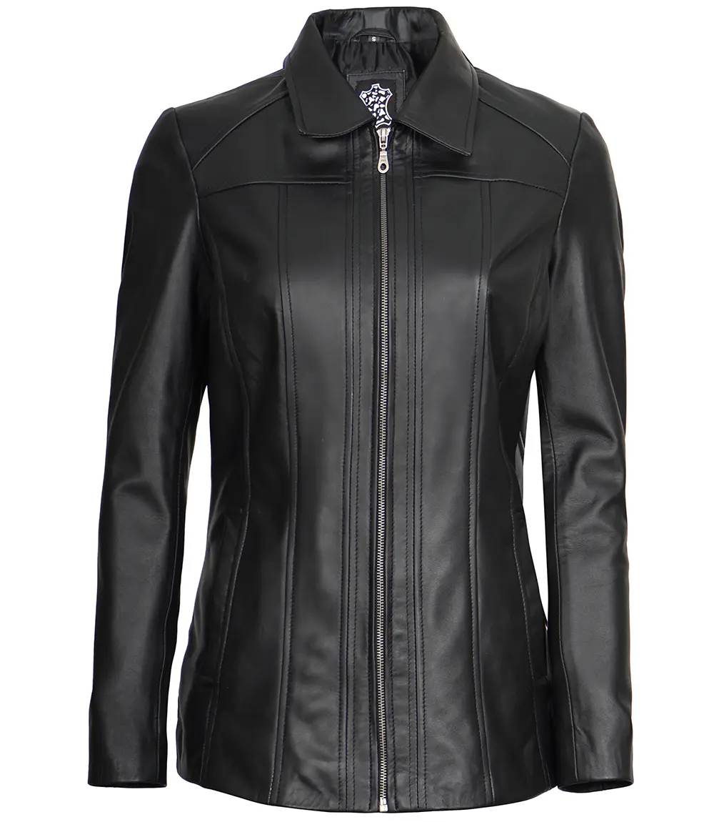 Marsha Women's Leather Black 3/4 Length Car Coat