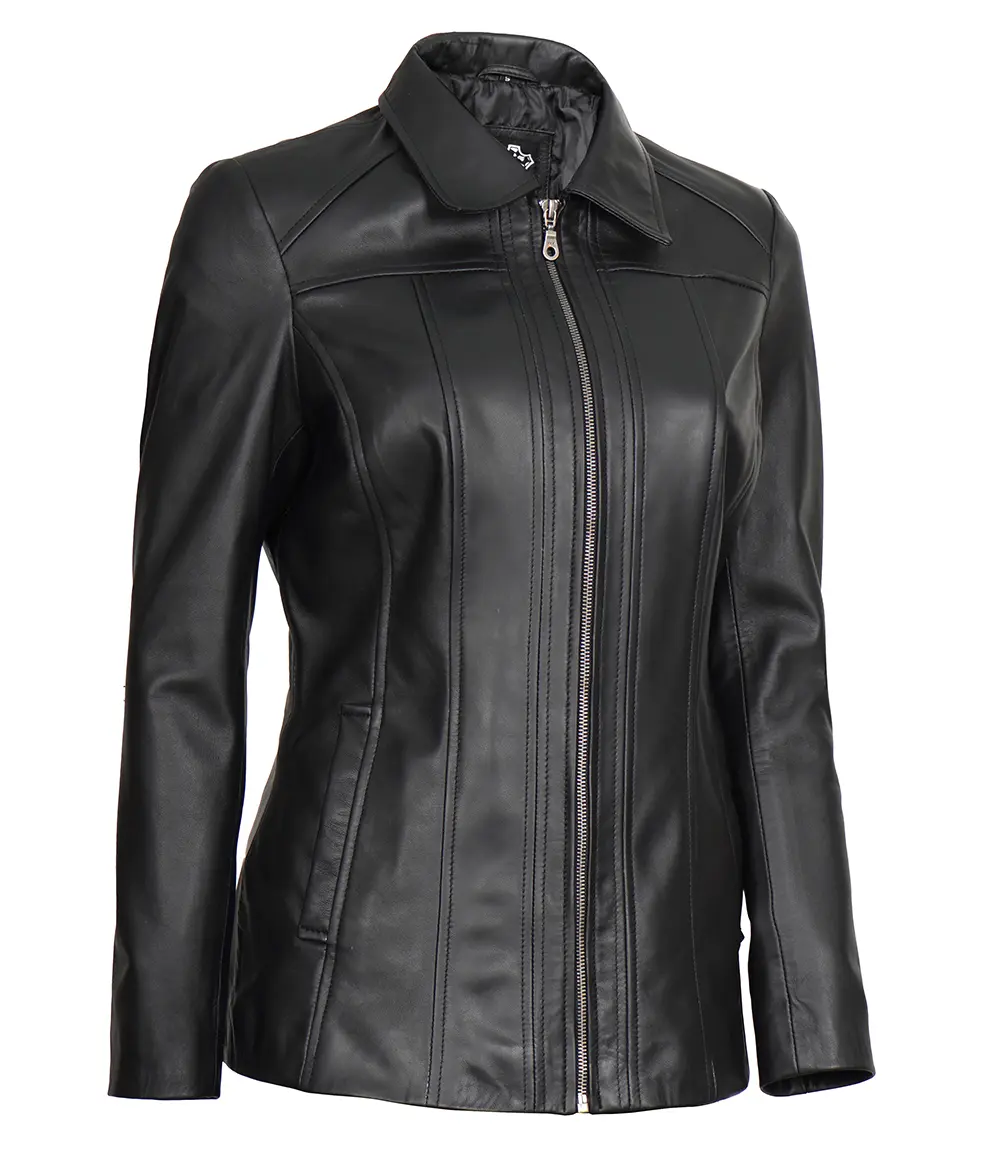 Marsha Women's Leather Black 3/4 Length Car Coat