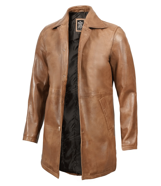 Men Camel Brown Real Leather 3/4 Car Coat