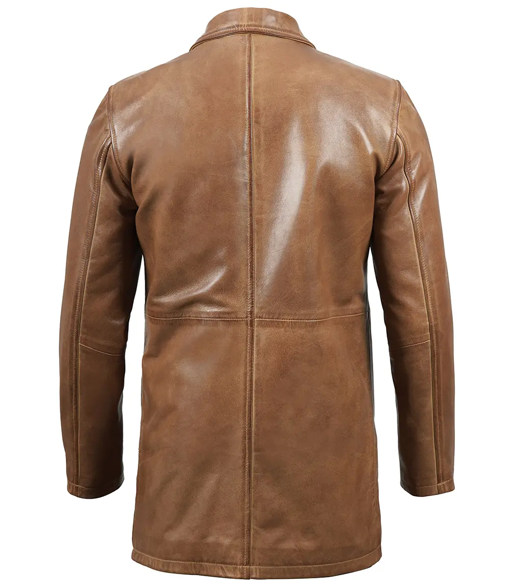 Men Camel Brown Real Leather 3/4 Car Coat