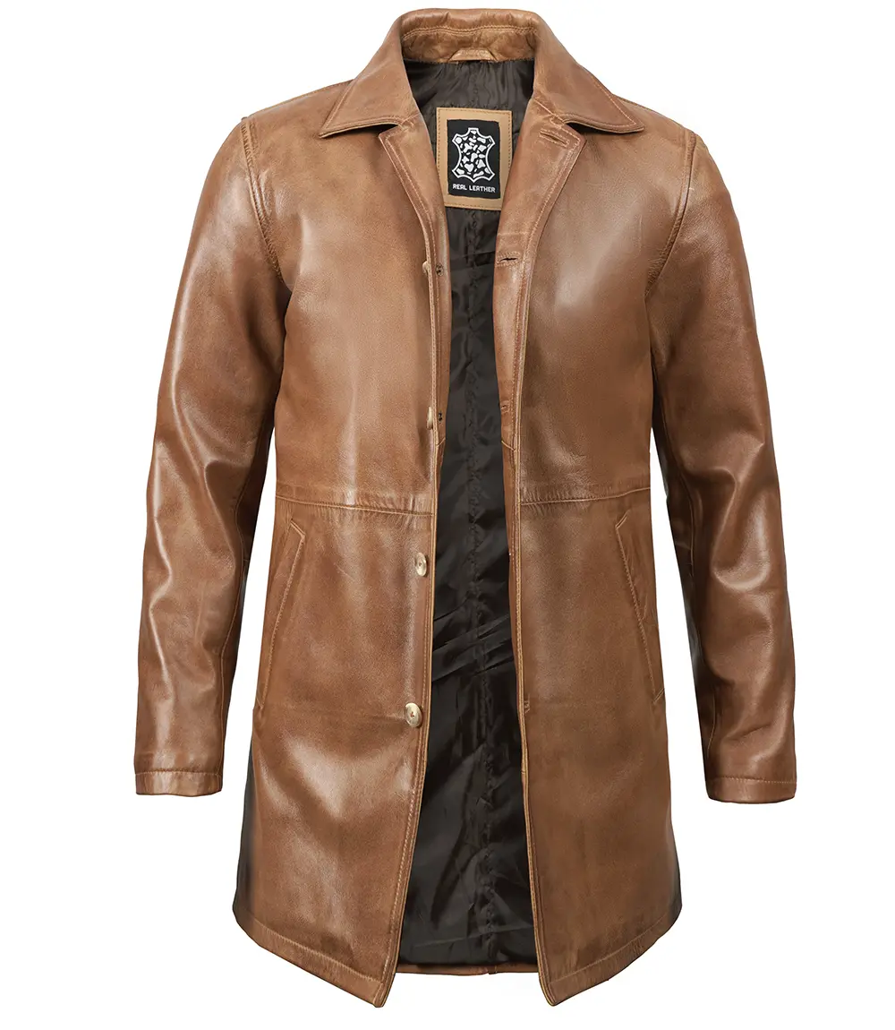 Men Camel Brown Real Leather 3/4 Car Coat