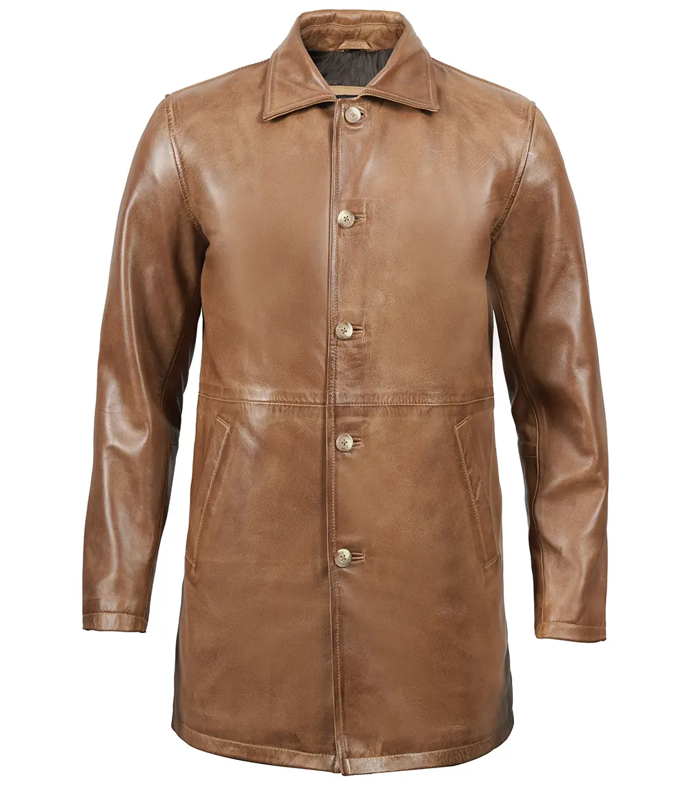 Men Camel Brown Real Leather 3/4 Car Coat