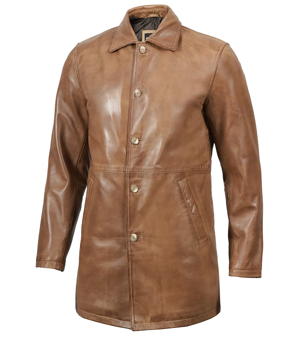 Men Camel Brown Real Leather 3/4 Car Coat