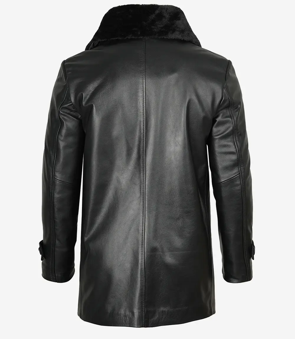 Men's 3/4 Black Real Leather Coat With Fur Collar - Winter Coat