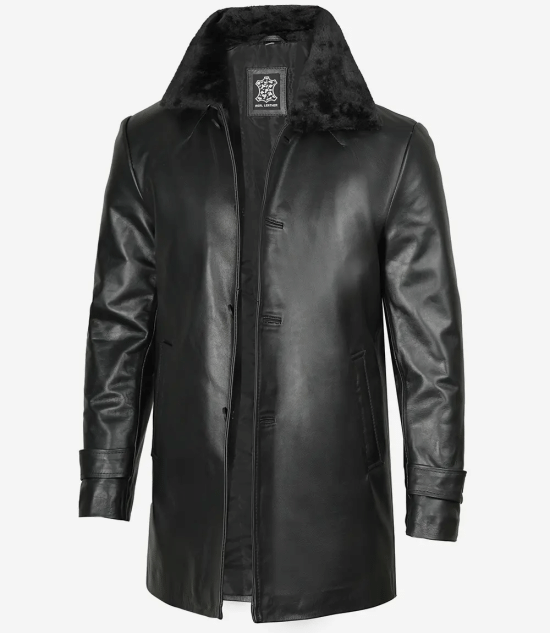 Men's 3/4 Black Real Leather Coat With Fur Collar - Winter Coat