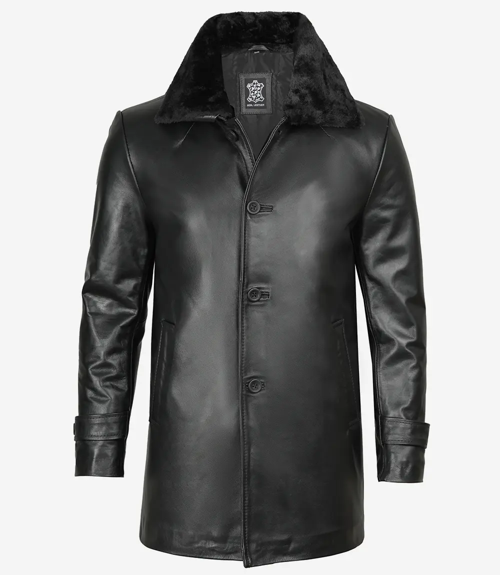 Men's 3/4 Black Real Leather Coat With Fur Collar - Winter Coat