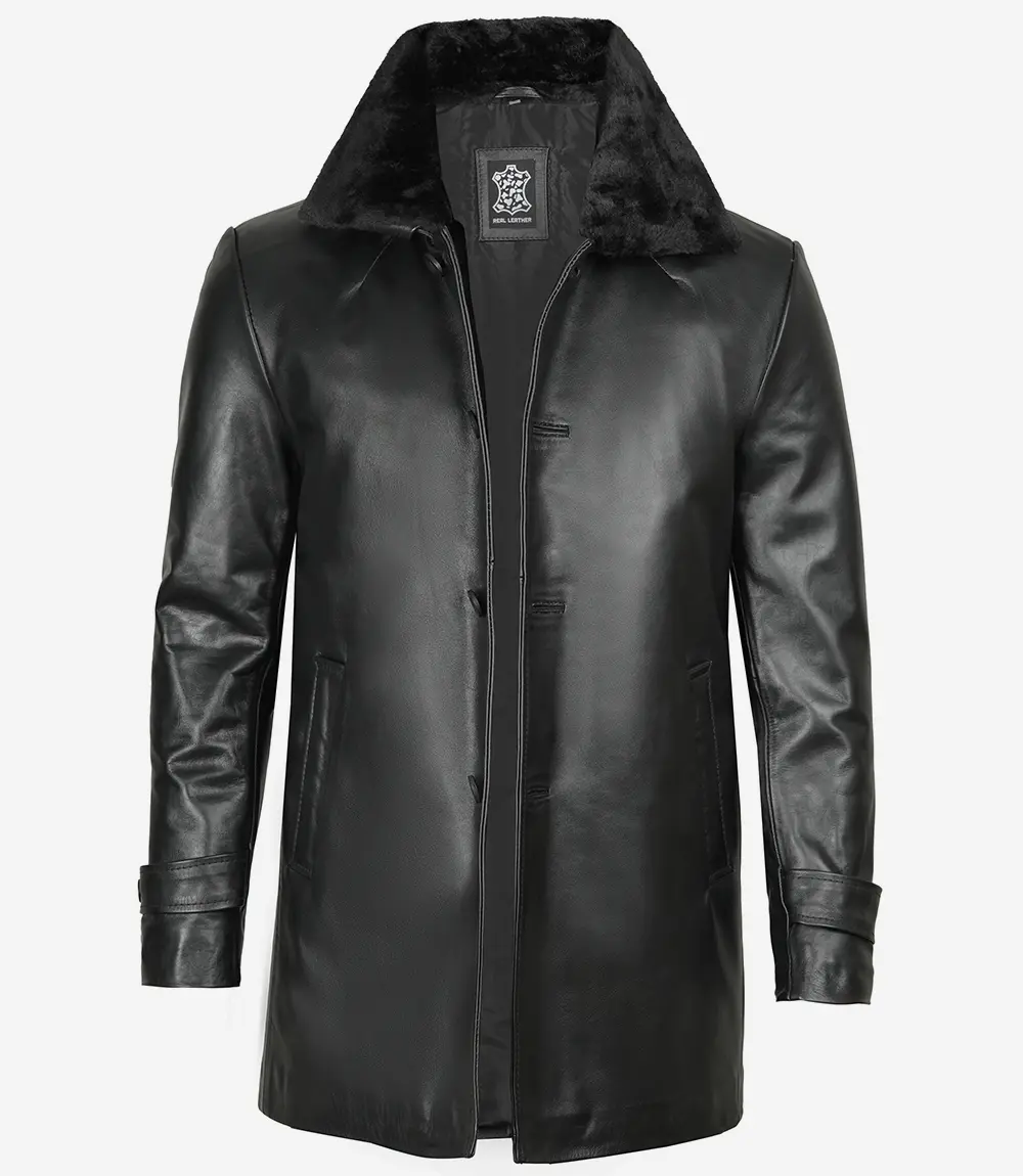 Men's 3/4 Black Real Leather Coat With Fur Collar - Winter Coat