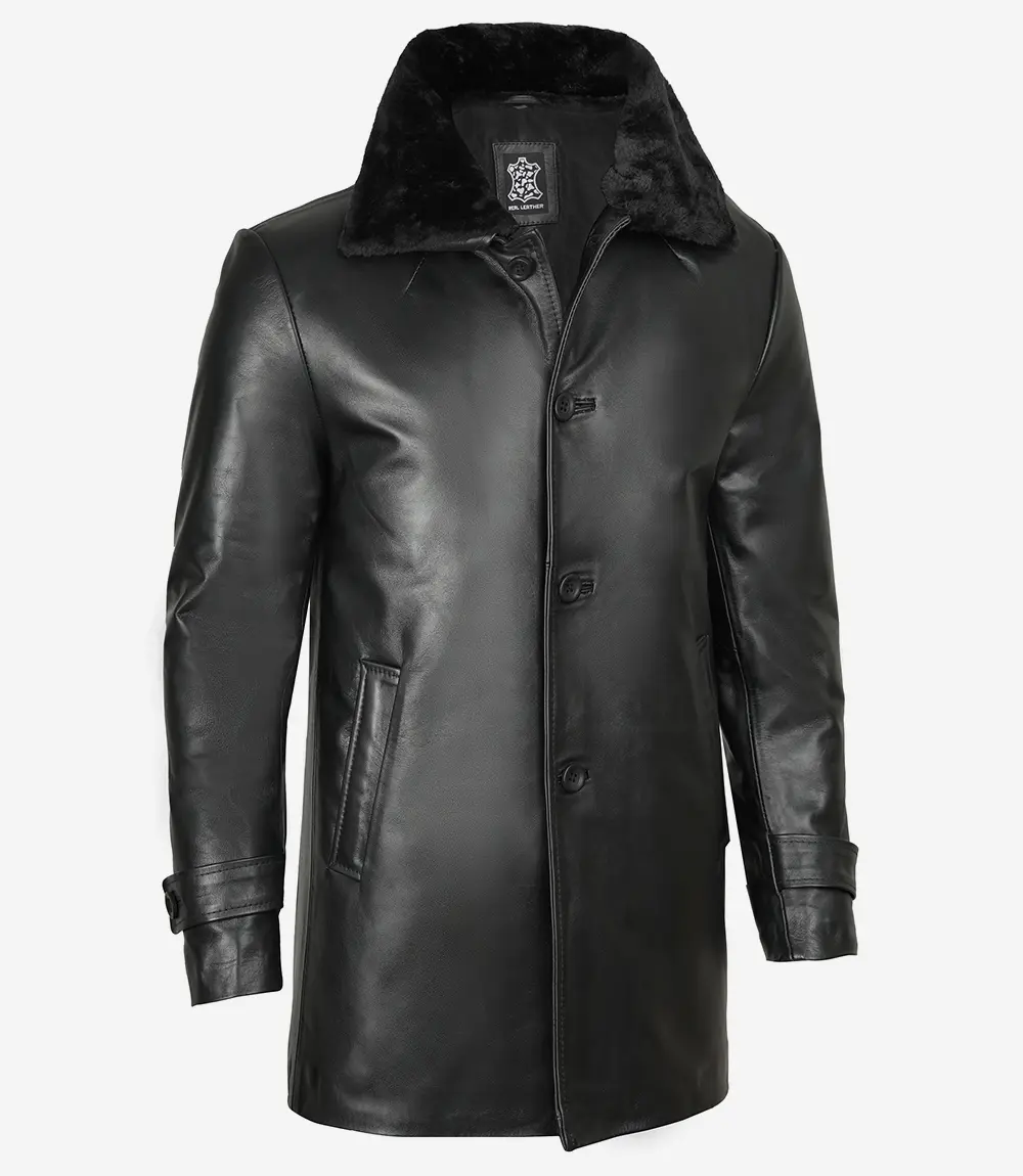 Men's 3/4 Black Real Leather Coat With Fur Collar - Winter Coat