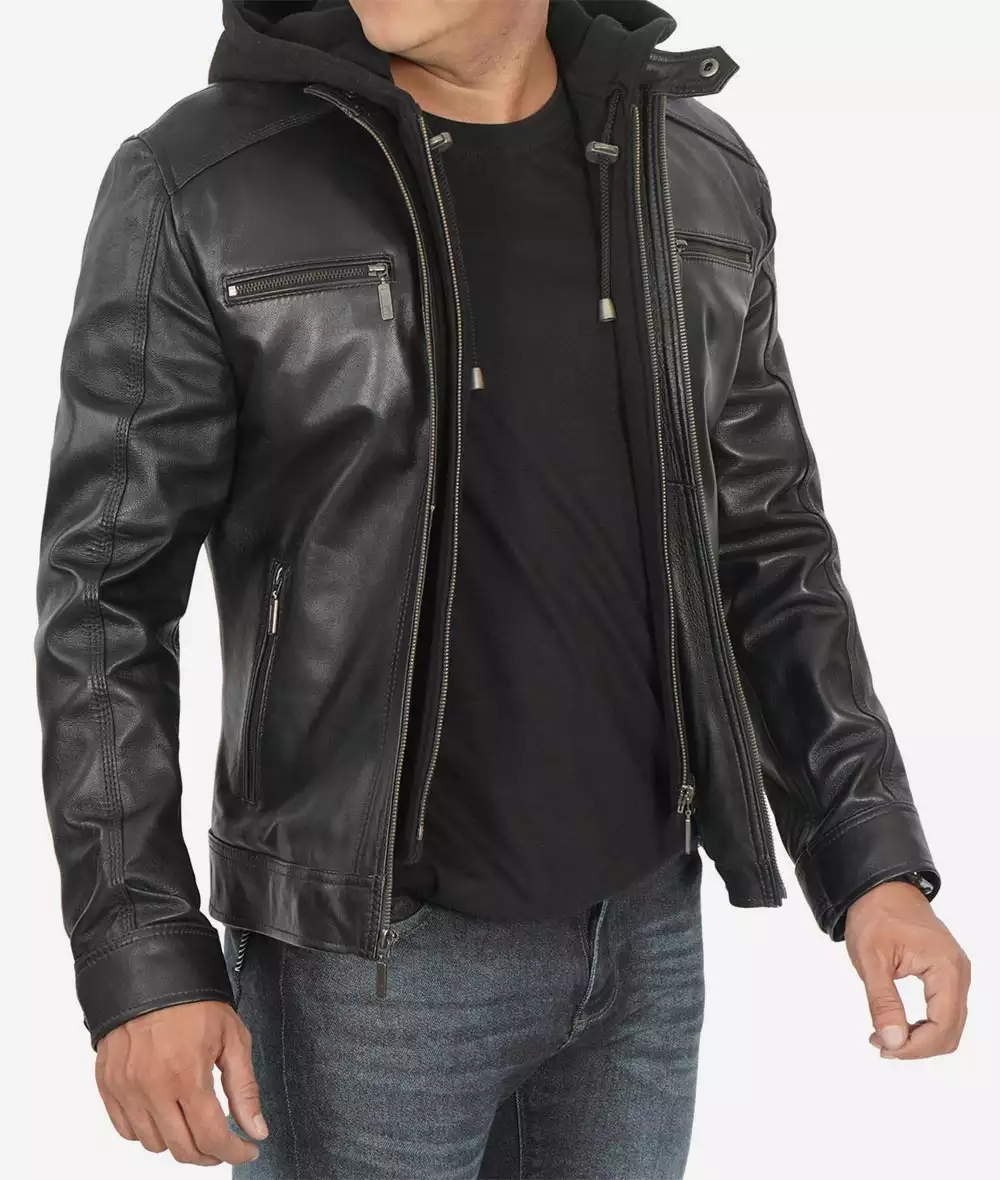 Men's Black Leather Jacket with Removable Hoodie