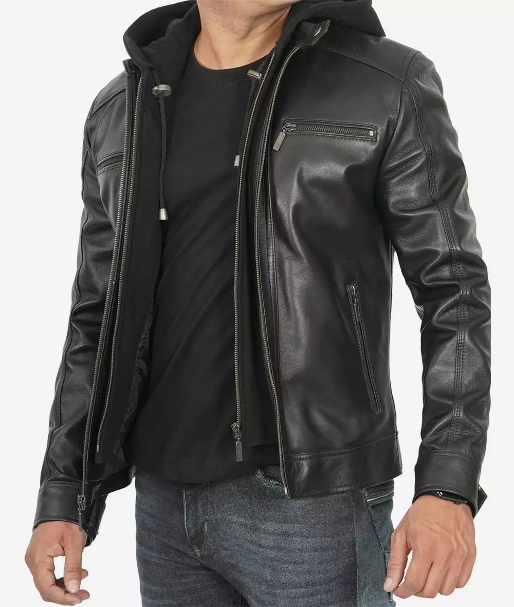 Men's Black Leather Jacket with Removable Hoodie