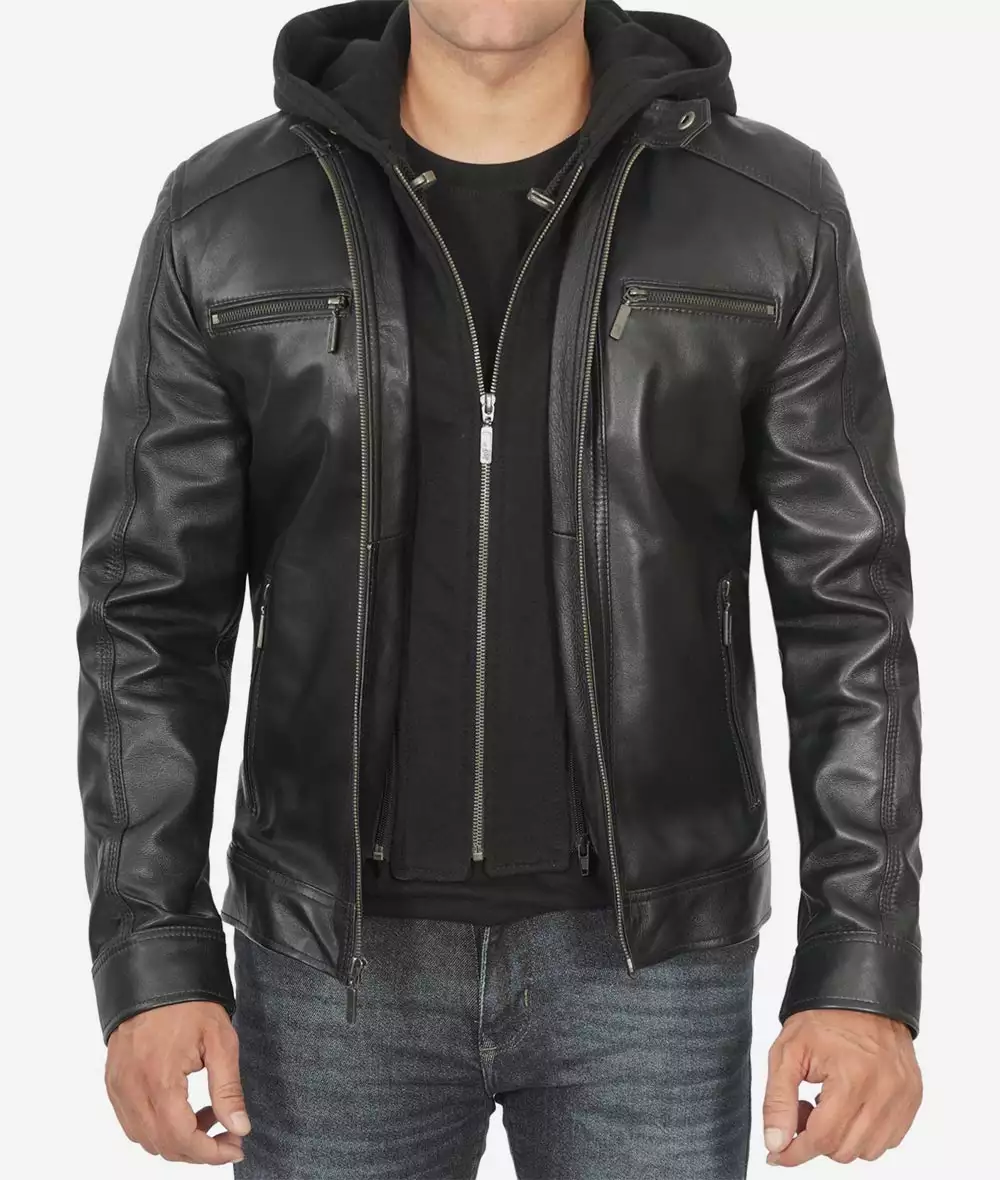 Men's Black Leather Jacket with Removable Hoodie