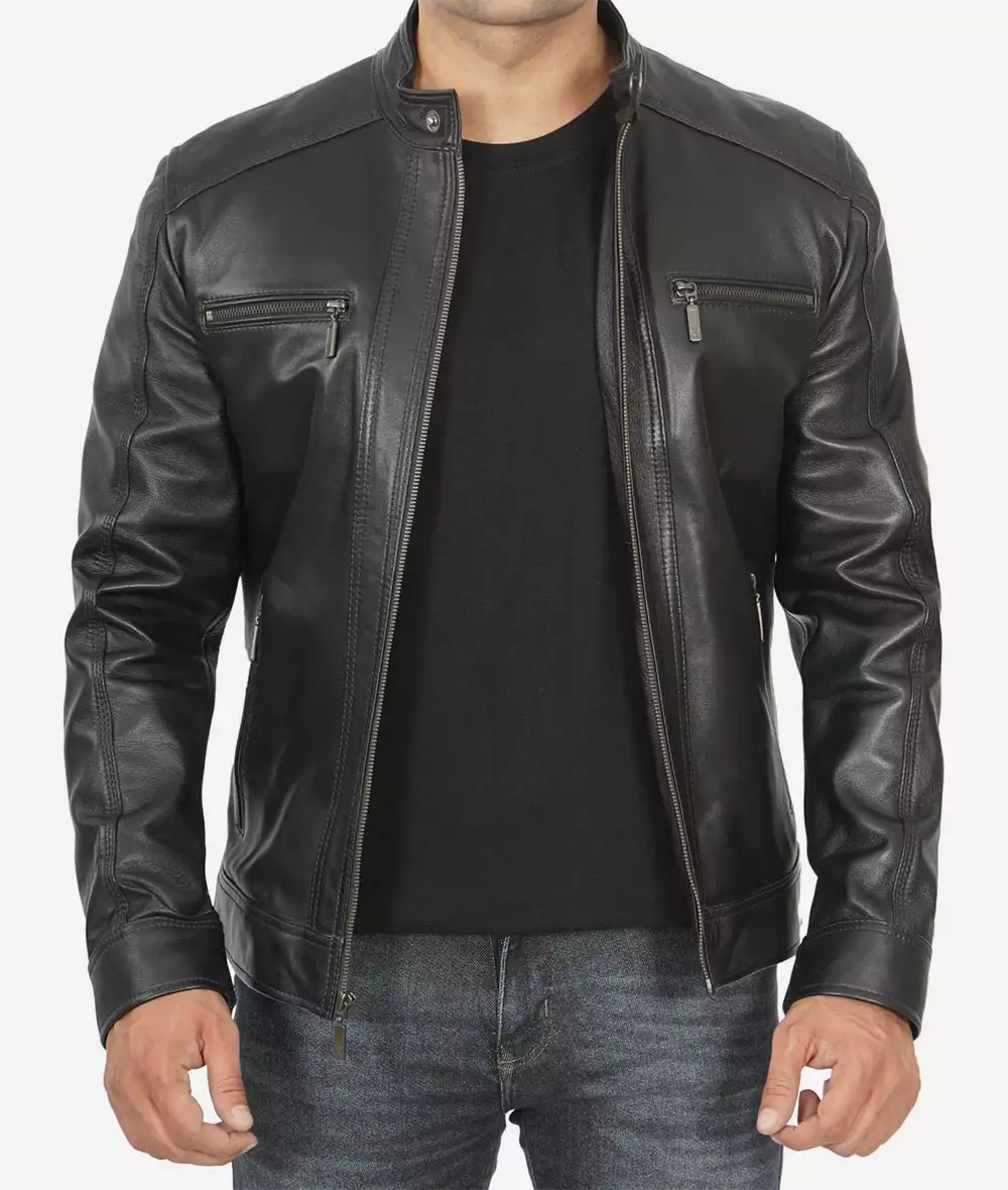 Men's Black Leather Jacket with Removable Hoodie