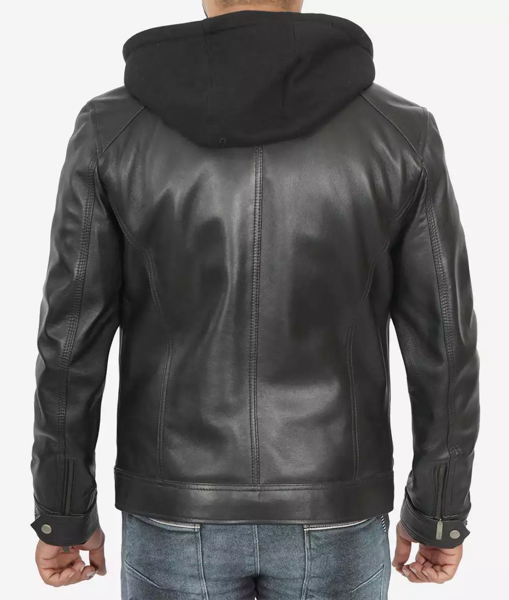 Men's Black Leather Jacket with Removable Hoodie