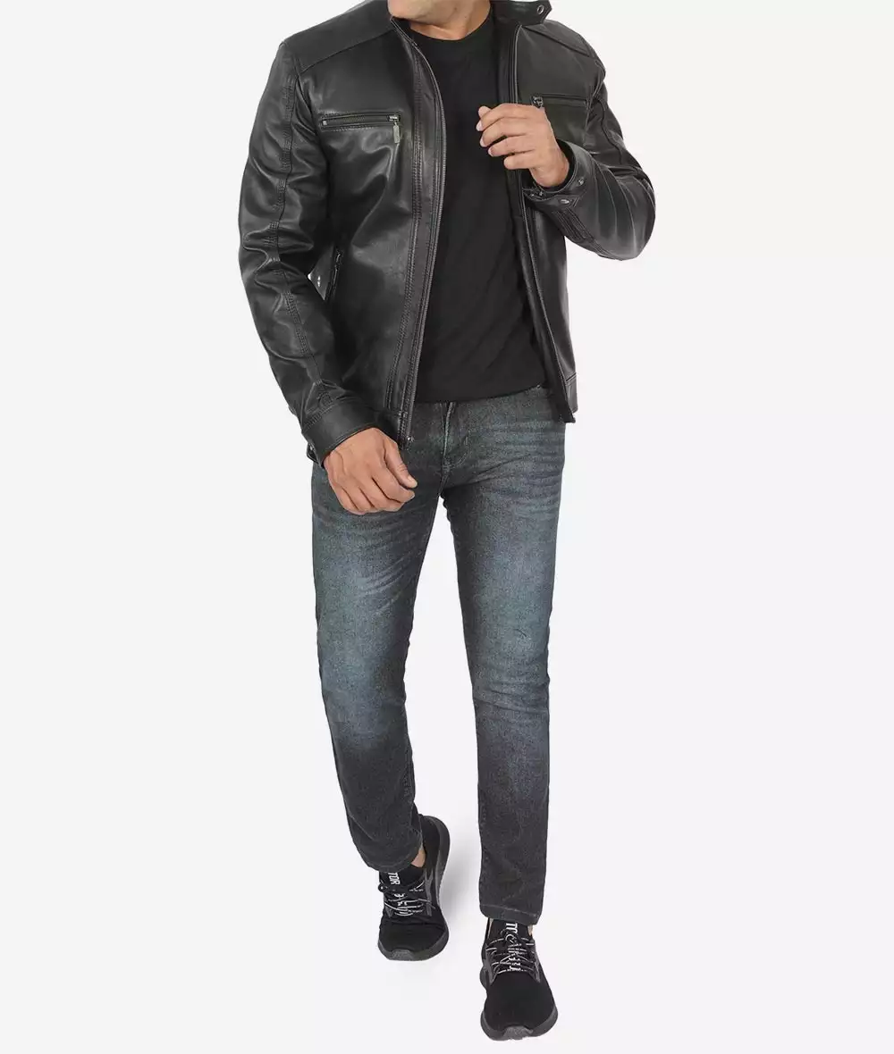 Men's Black Leather Jacket with Removable Hoodie